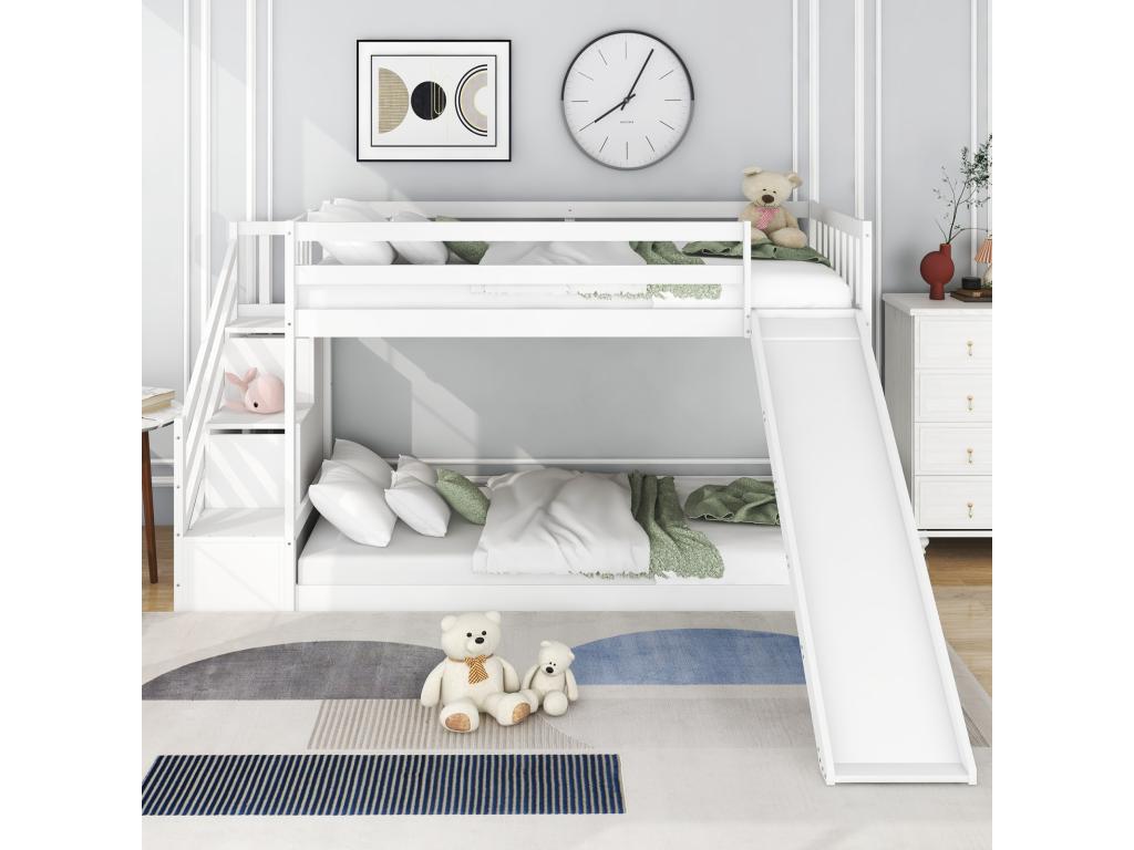 Lit superposé 90x200cm lit enfant avec 2 tiroirs dans l'escalier toboggan 2xsommier à Chezlova cadre en pin massif blanc LJQF75045