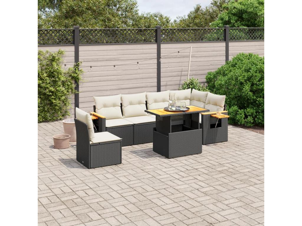 Salon de jardin 7 pcs avec coussins noir résine tressée OCAG92612