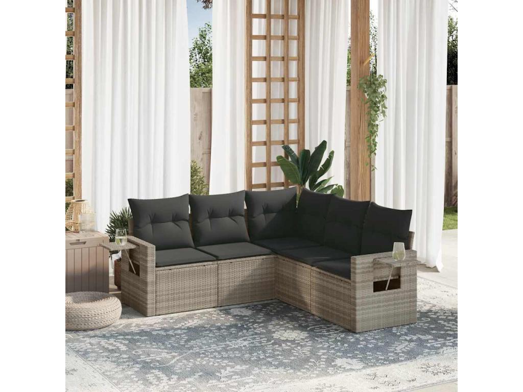 Salon de jardin 5 pièces avec coussins gris clair résine tressée LHHE97770