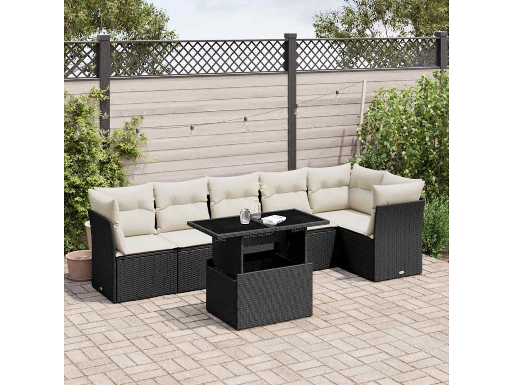 Salon de jardin 7 pcs avec coussins noir résine tressée BIDD91032