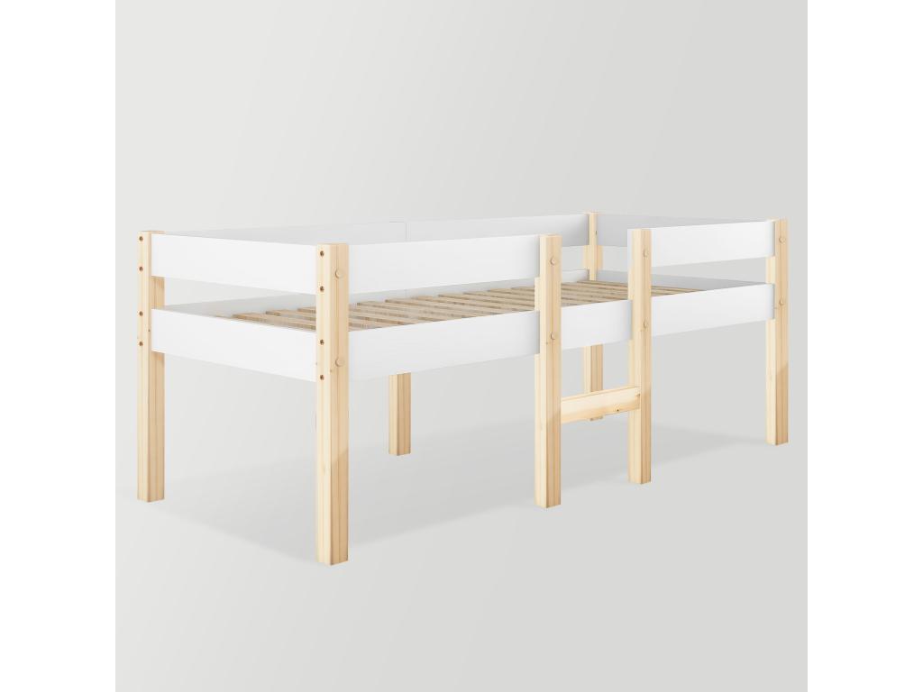 Lit mi-hauteur 90x190 cm pour enfant - Bois de pin massif - Sommier inclus - Blanc LUKY35048
