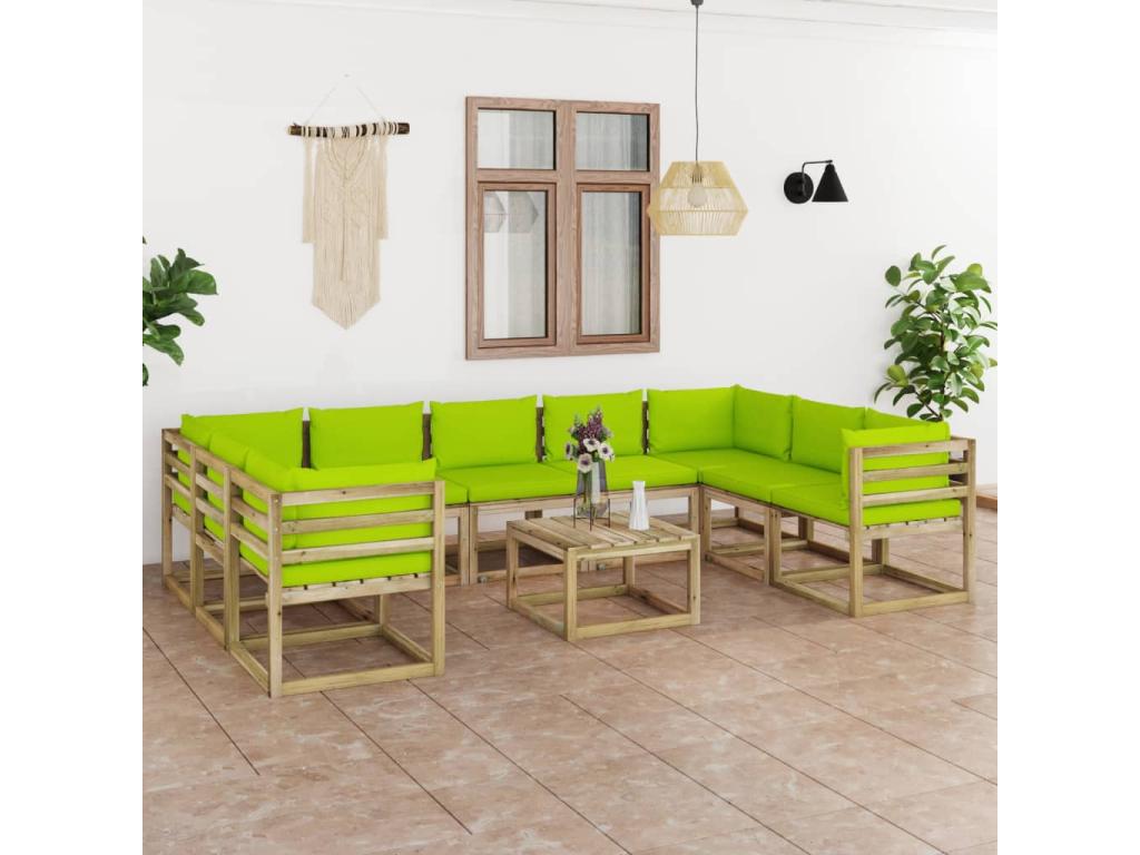 Salon de jardin 10 pcs avec coussins bois de pin imprégné UUCO46907