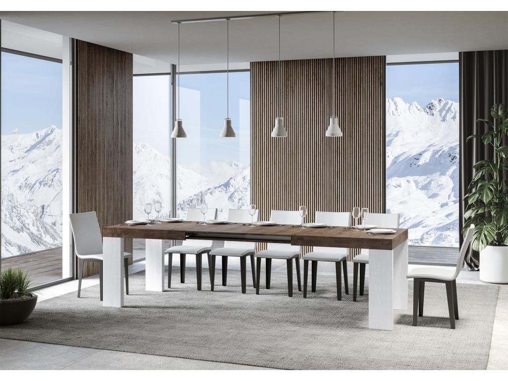 Table extensible 90x160/264 cm Roxell Mix dessus Noyer pieds Frêne Blanc FTQF35995