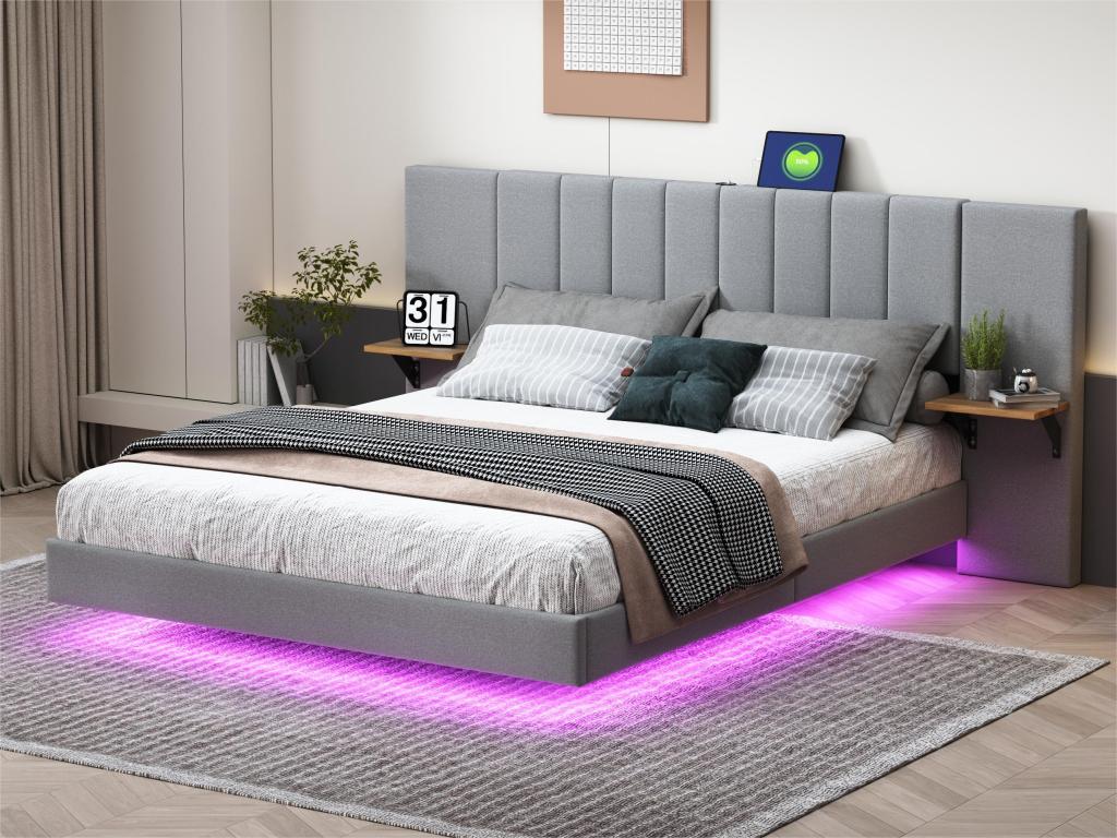 Lit adulte 140x200 cm en tissu lin - avec LED Port USB étagères latérales - Gris GIGJ96371