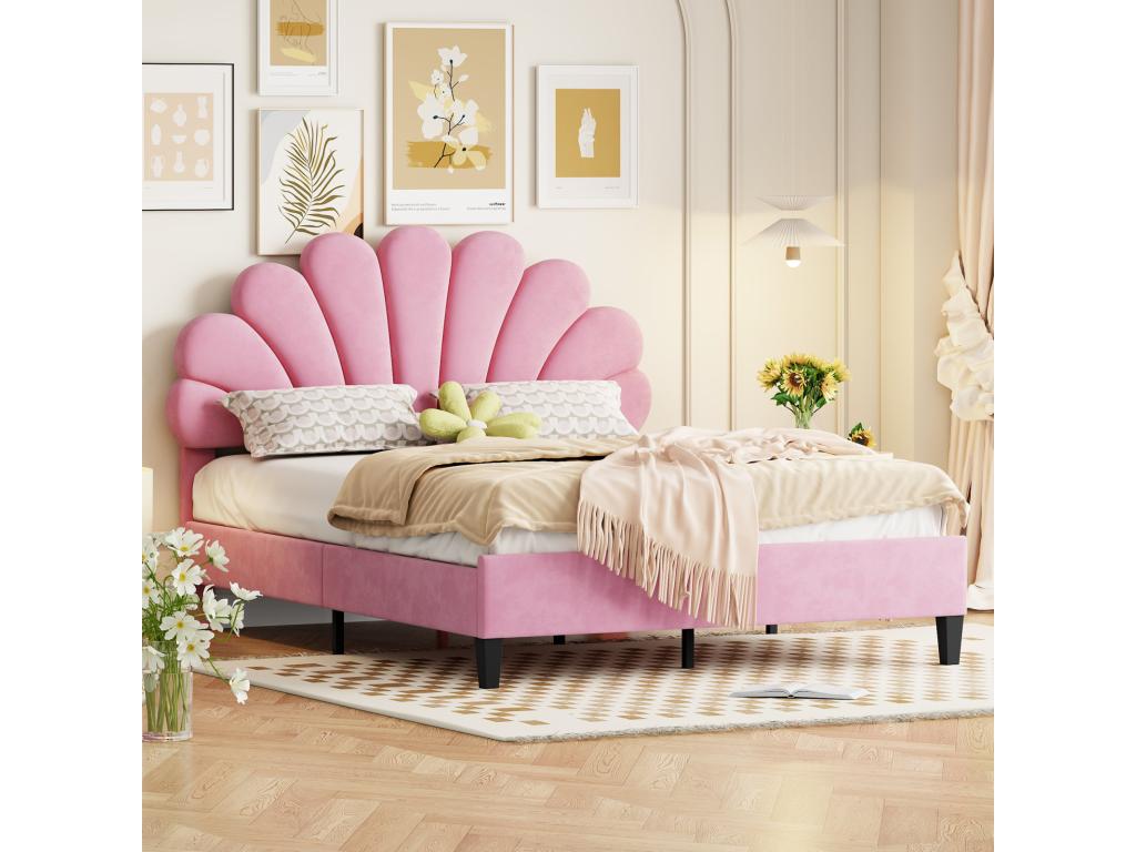 Lit double capitonné 140x200cm - Tête de lit en forme de fleur Sommier à Chezlova en MDF Tissu en velours Style scandinave - Rose GKHR84198