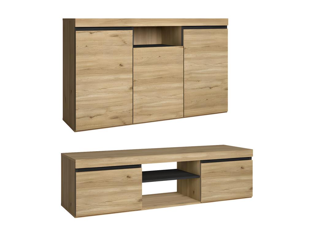 Set Naturale salle à manger meuble auxiliaire buffet-meuble TV 140cm chêne noir YICB77732