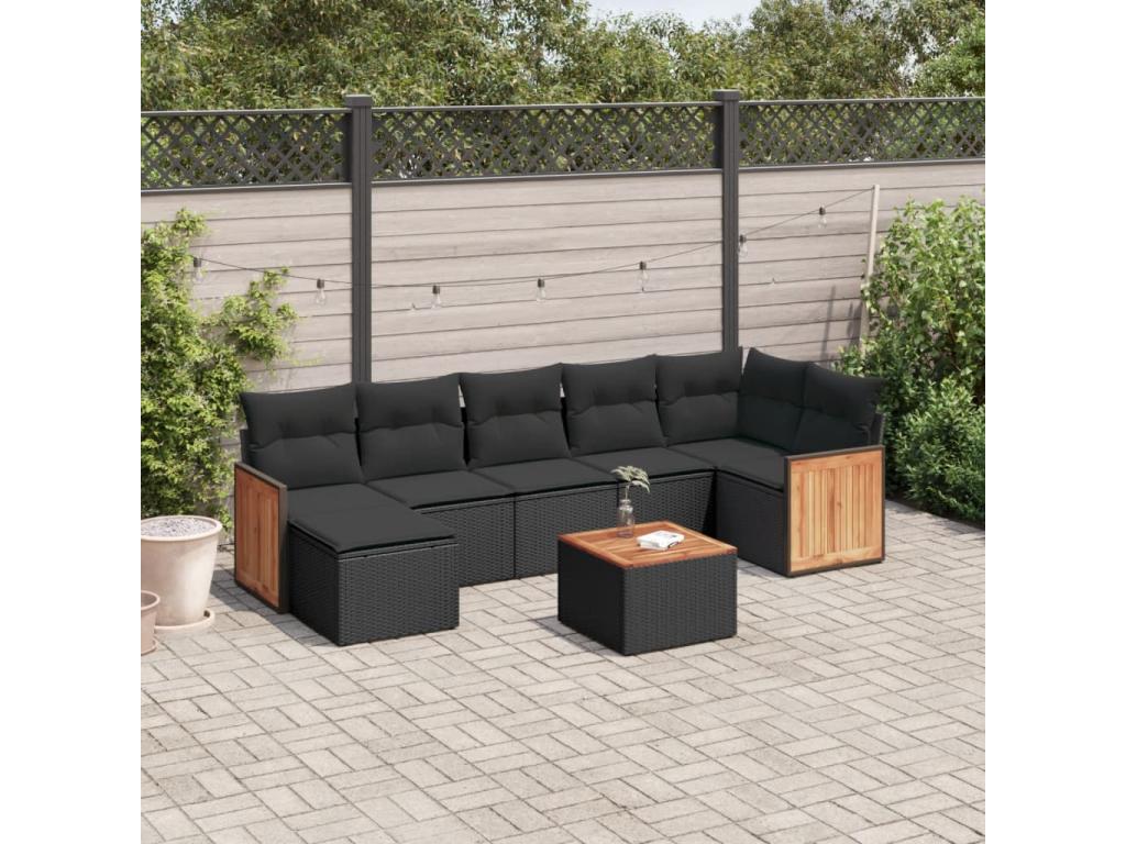 Salon de jardin 8 pcs avec coussins noir résine tressée ICYA38274