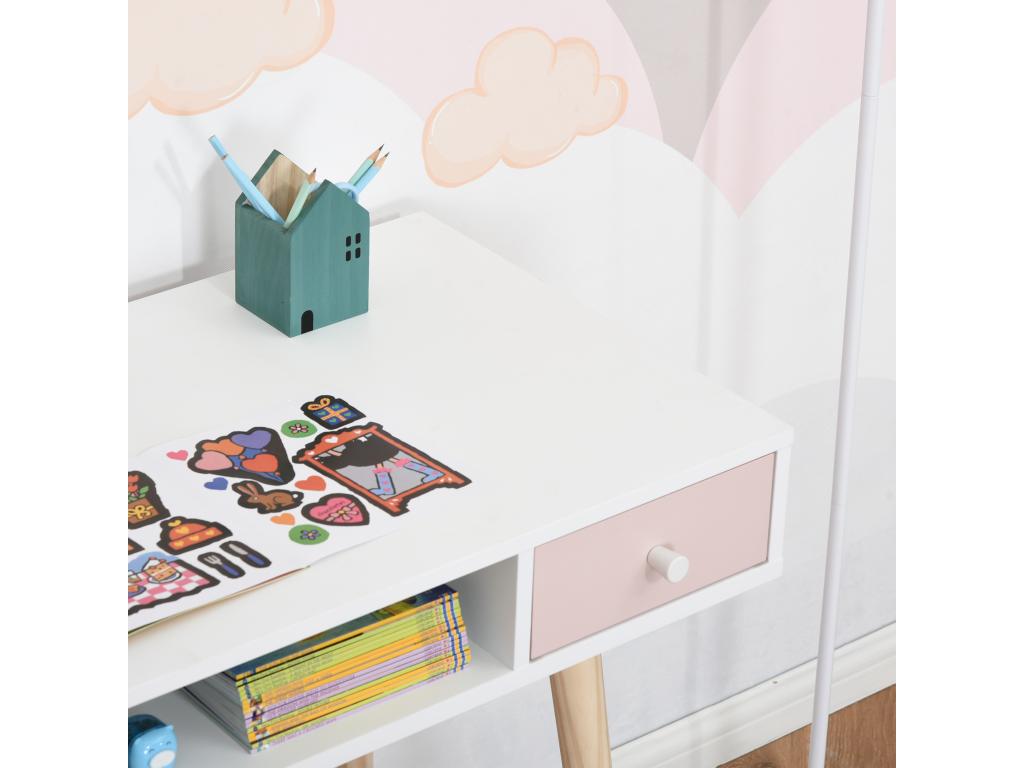Bureau enfant style scandinave avec tiroir et compartiment de rangement 100L x 48l x 76.5H cm MDF et pin blanc gris et rose NLQT55753