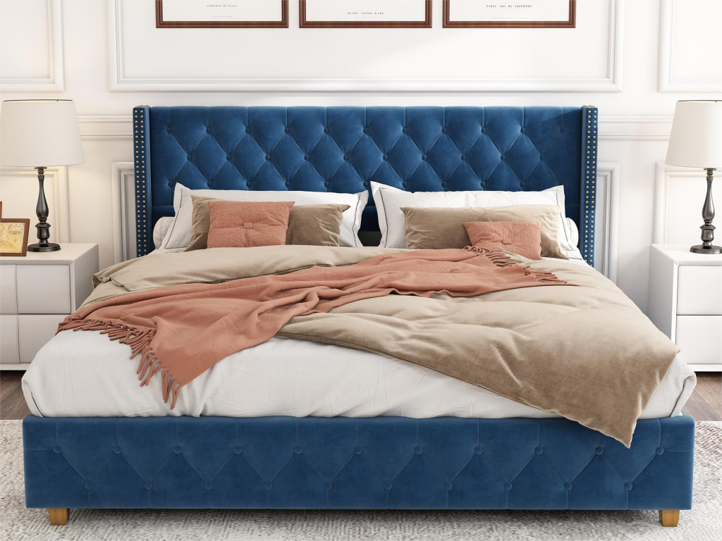 Lit avec tête de lit capitonné - 160x200 cm - velours - sommier à Artigeo - coloris bleu OYKU89374