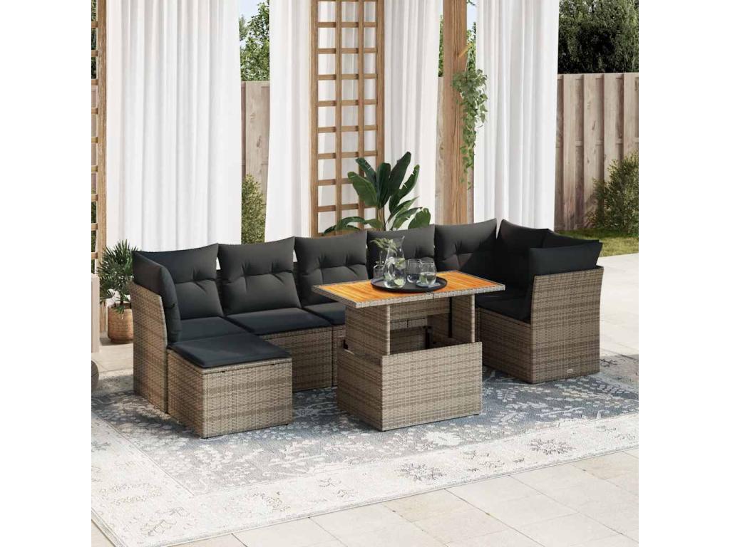 Salon de jardin 8 pièces avec coussins gris résine tressée JNXV45407