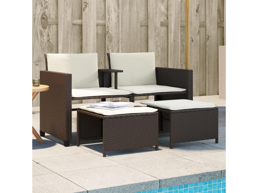 Canapé de jardin 2 places avec table et tabourets marron rotin QMDH51154