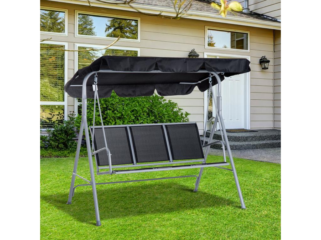 Balancelle de jardin 3 places grand confort toit imperméabilisé inclinaison réglable assise et dossier ergonomique acier textile noir KYKX84235