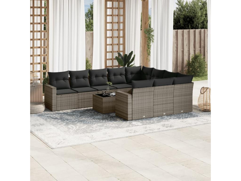 Salon de jardin 11 pcs avec coussins gris résine tressée VNUT44566