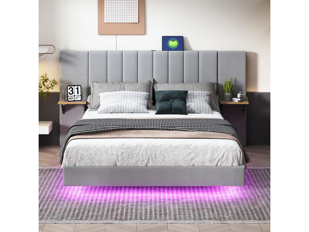 Lit adulte 140x200 cm en tissu lin - avec LED Port USB étagères latérales - Gris GIGJ96371