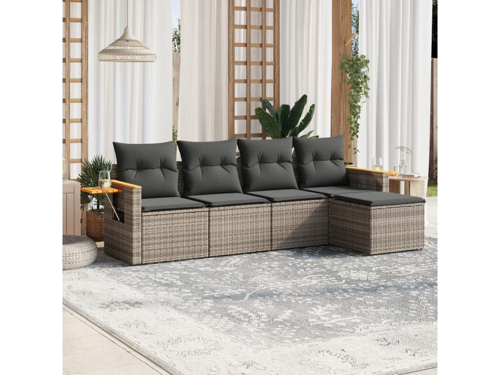 Salon de jardin 5 pcs avec coussins gris résine tressée XOPD27545