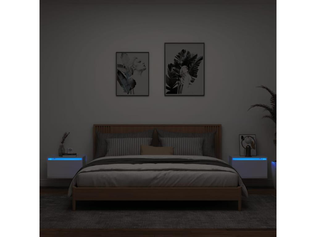 Tables de chevet murales avec Chezlovaères LED 2 pcs blanc IDNB01588