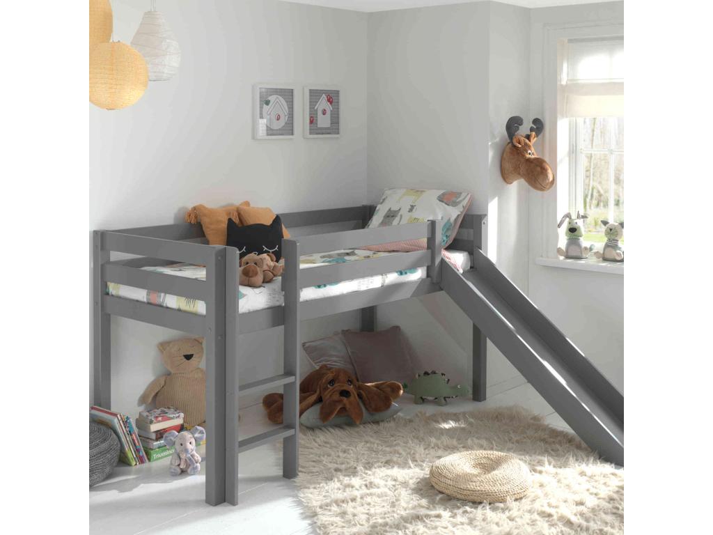 Lit mezzanine enfant avec toboggan en bois massif gris 90x200 cm - LT2040 LYEK58358