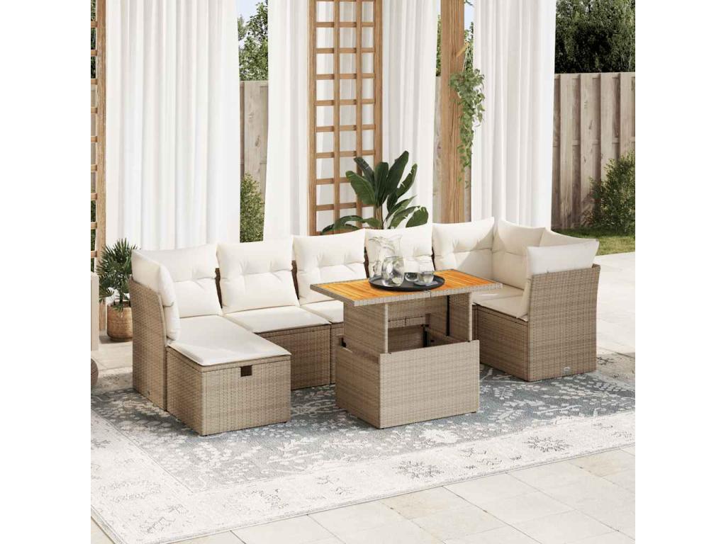 Salon de jardin avec coussins 8 pcs beige résine tressée Artigeo HTJJ48653