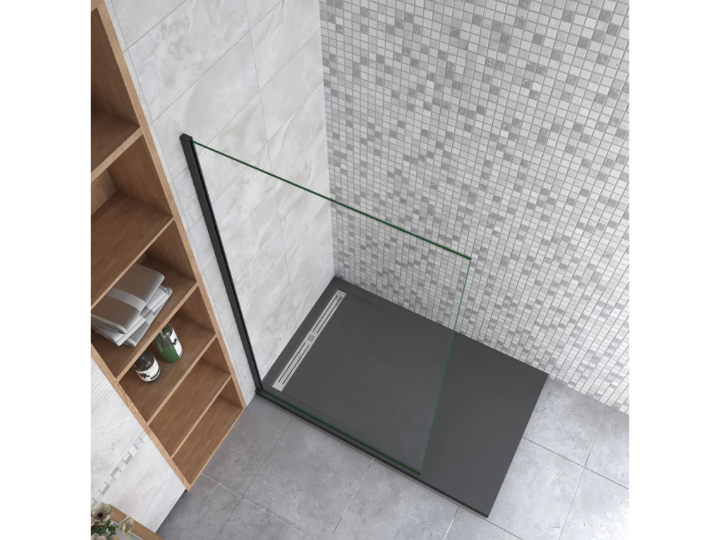 Artigeo paroi de douche à l'italienne 110x200cm Profilé en aluminium noir mat en 8mm verre anticalcaire sans récepteur QAYD56635