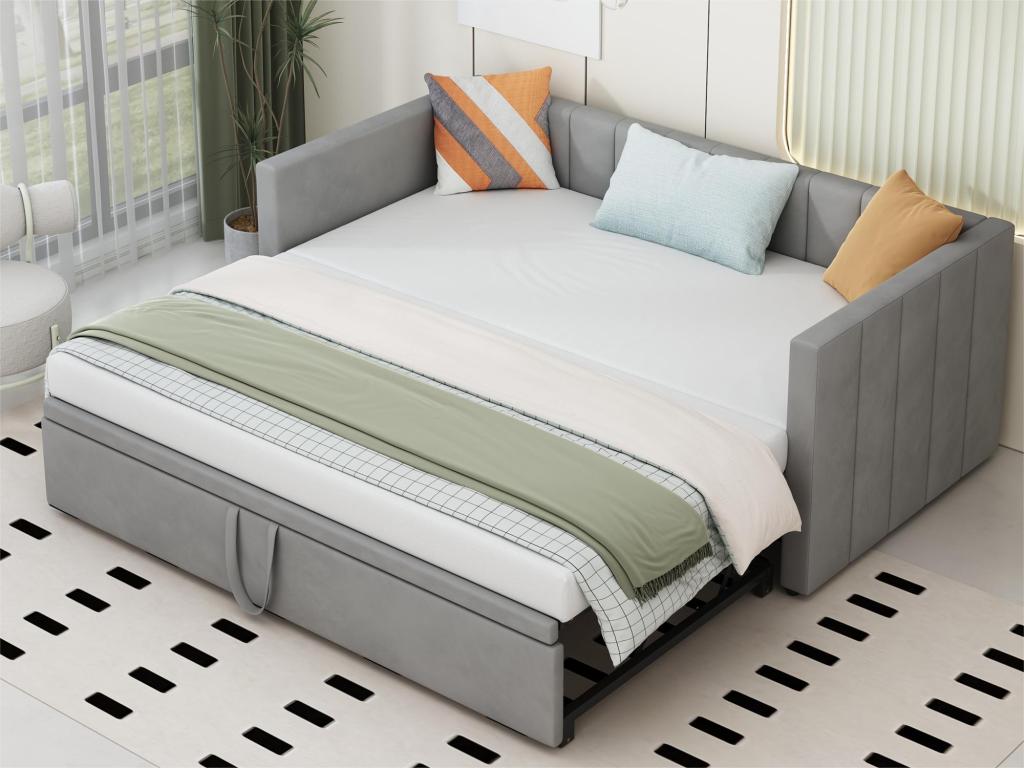 Lit gigogne rembourré 90/180x200cm lit canapé en tissu velours avec sommier à Chezlova - Gris clair GNYW15023