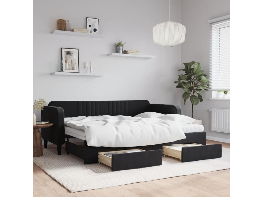 Lit de jour avec gigogne et tiroirs noir 80x200 cm velours RXFB65835