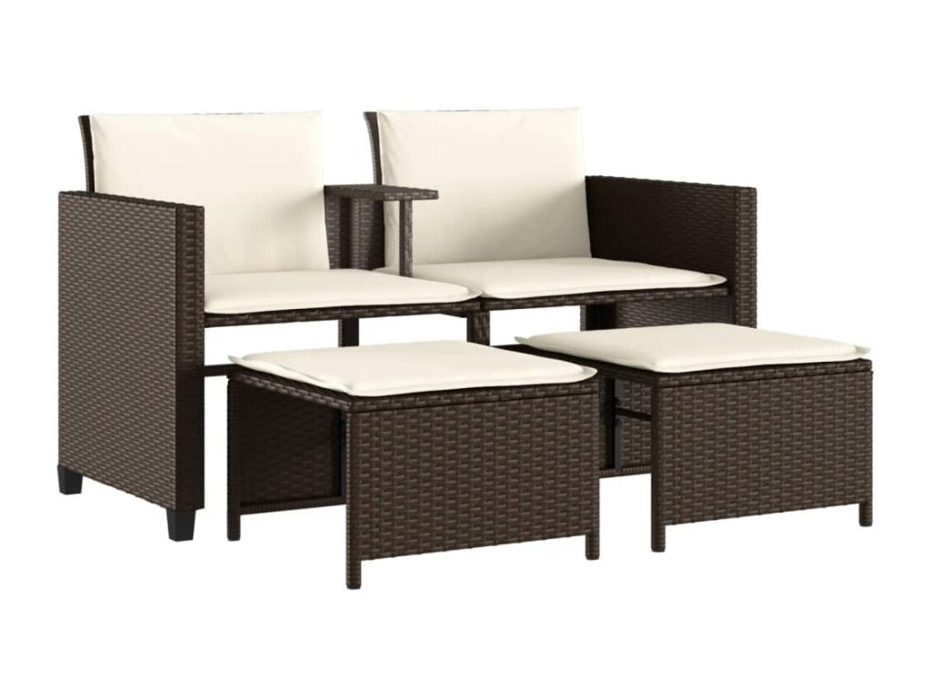 Canapé de jardin 2 places avec table et tabourets marron rotin QMDH51154