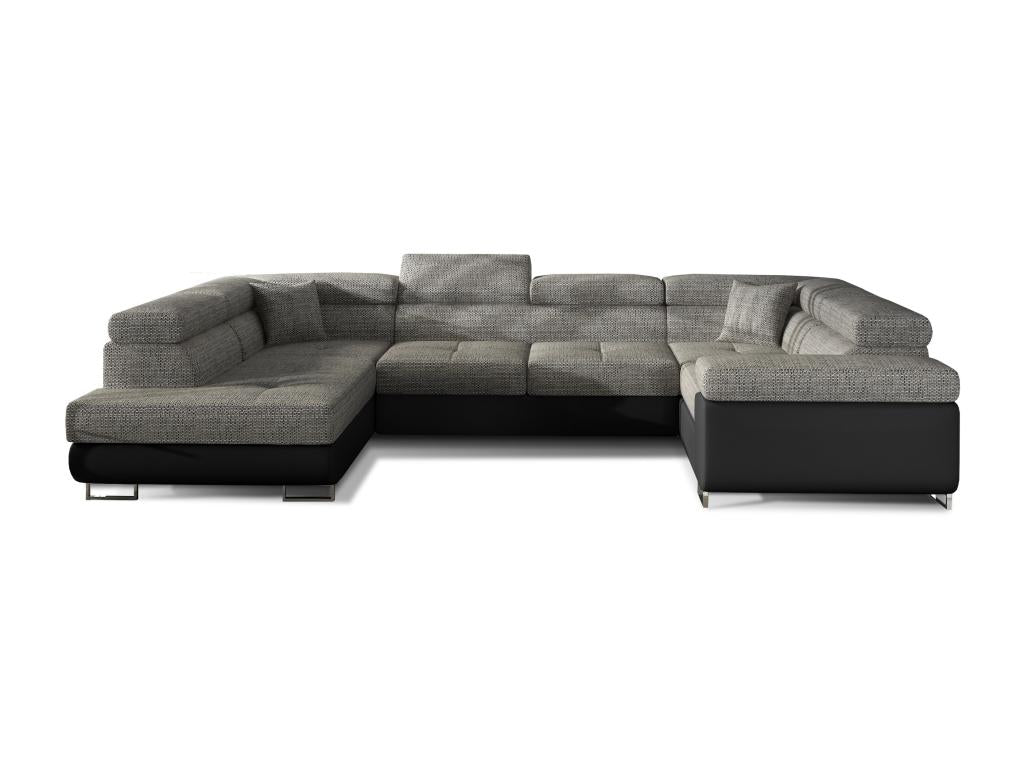 Canapé convertible U gauche tissu gris chiné et simili noir avec coffre de rangement Artigeo 340cm ULUM18260