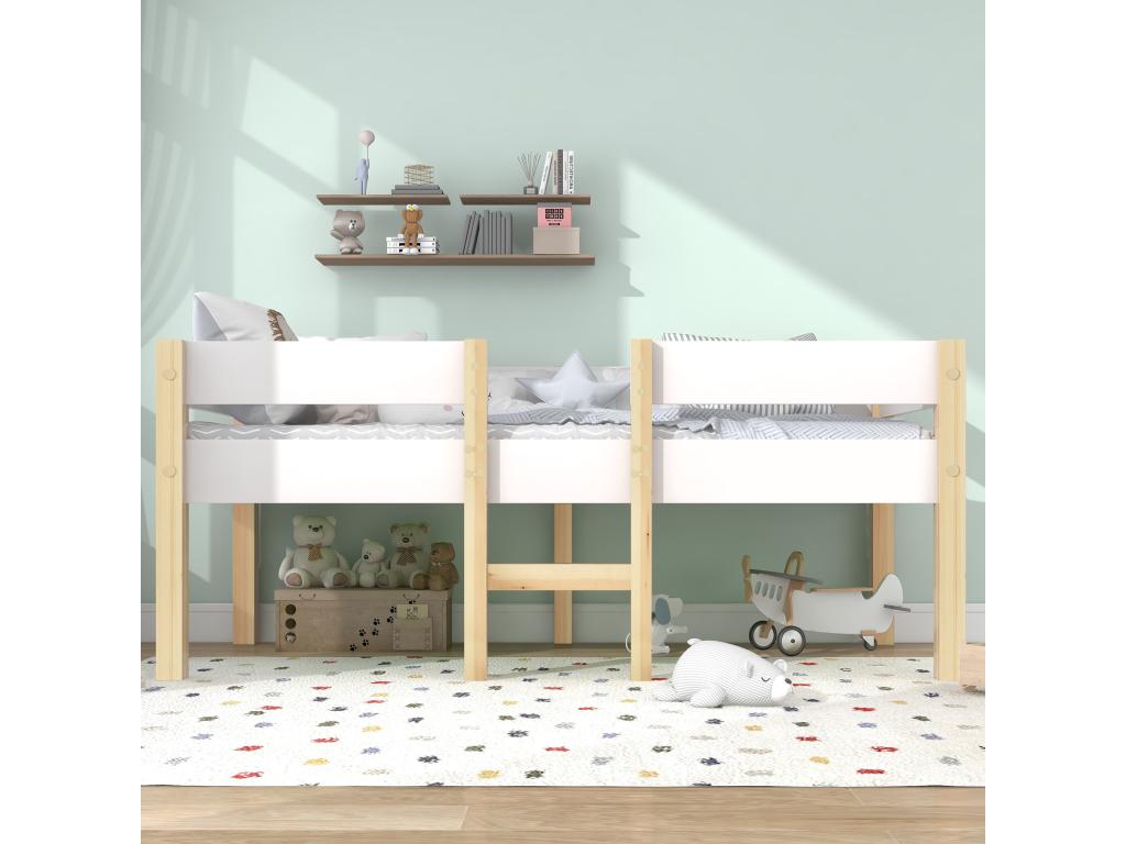 Lit mi-hauteur 90x190 cm pour enfant - Bois de pin massif - Sommier inclus - Blanc LUKY35048