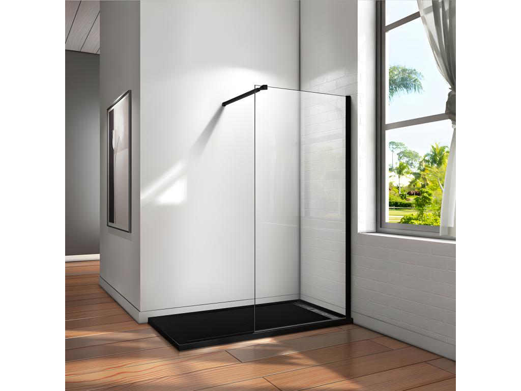 Paroi de douche à l'italienne 80x200cm en verre 8mm sécurité anticalcaire avec barre de fixation 73-120cm en carré - Noir Mat XDPH39024