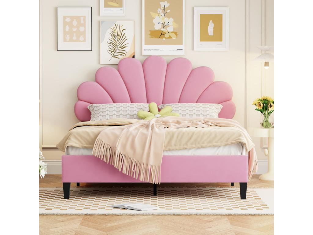 Lit double capitonné 140x200cm - Tête de lit en forme de fleur Sommier à Chezlova en MDF Tissu en velours Style scandinave - Rose GKHR84198