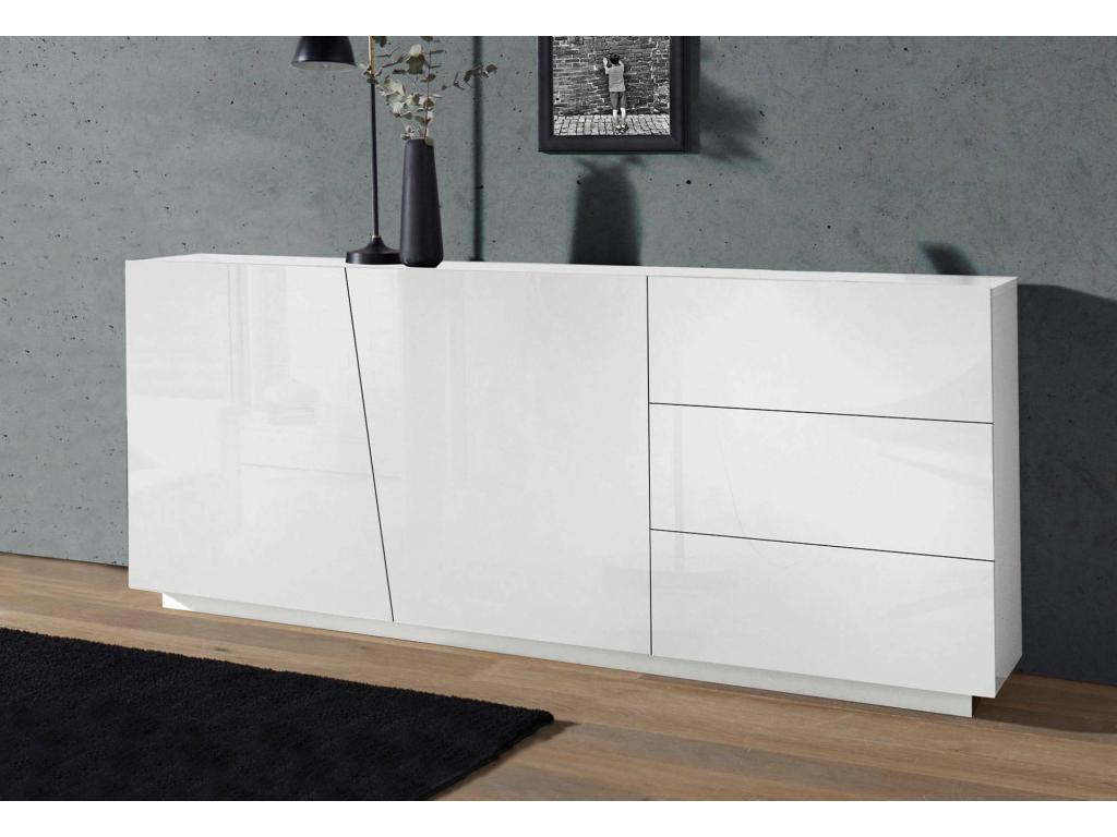Buffet Artigeo Buffet de cuisine avec 2 portes et 3 tiroirs Buffet de salon Made in Italy 180x43h86 cm Blanc brillant NYZG72030
