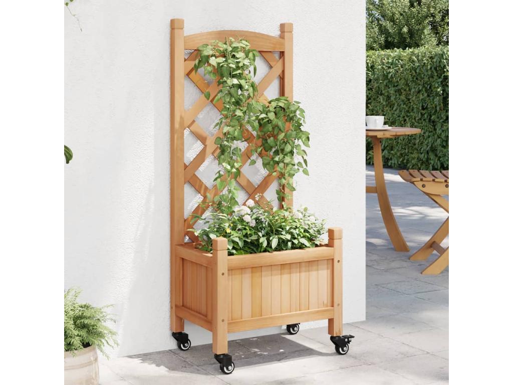 Jardinière avec treillis et roues marron bois massif de sapin BBYW47320