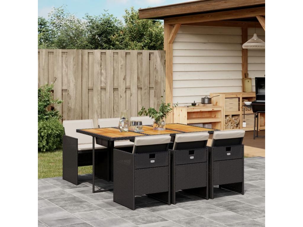 Ensemble à manger de jardin coussins 7pcs Noir Résine tressée LXAB48888