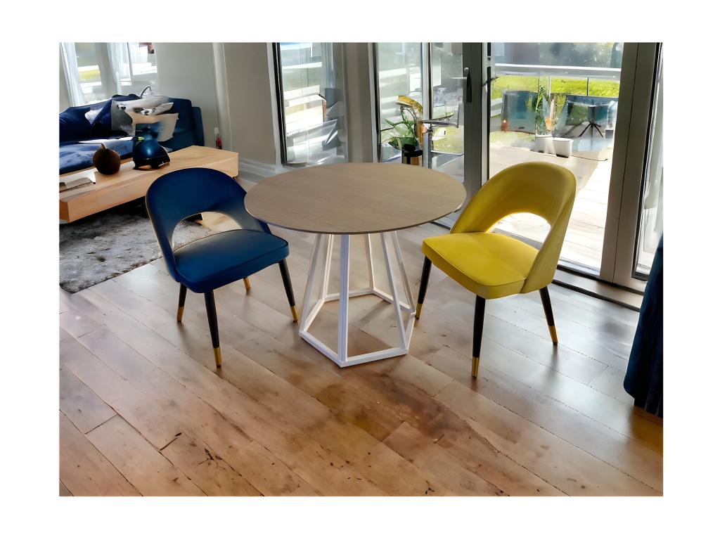 Chezlova - Table à manger ronde en bois effet chêne pieds acier blanc CUNA60288