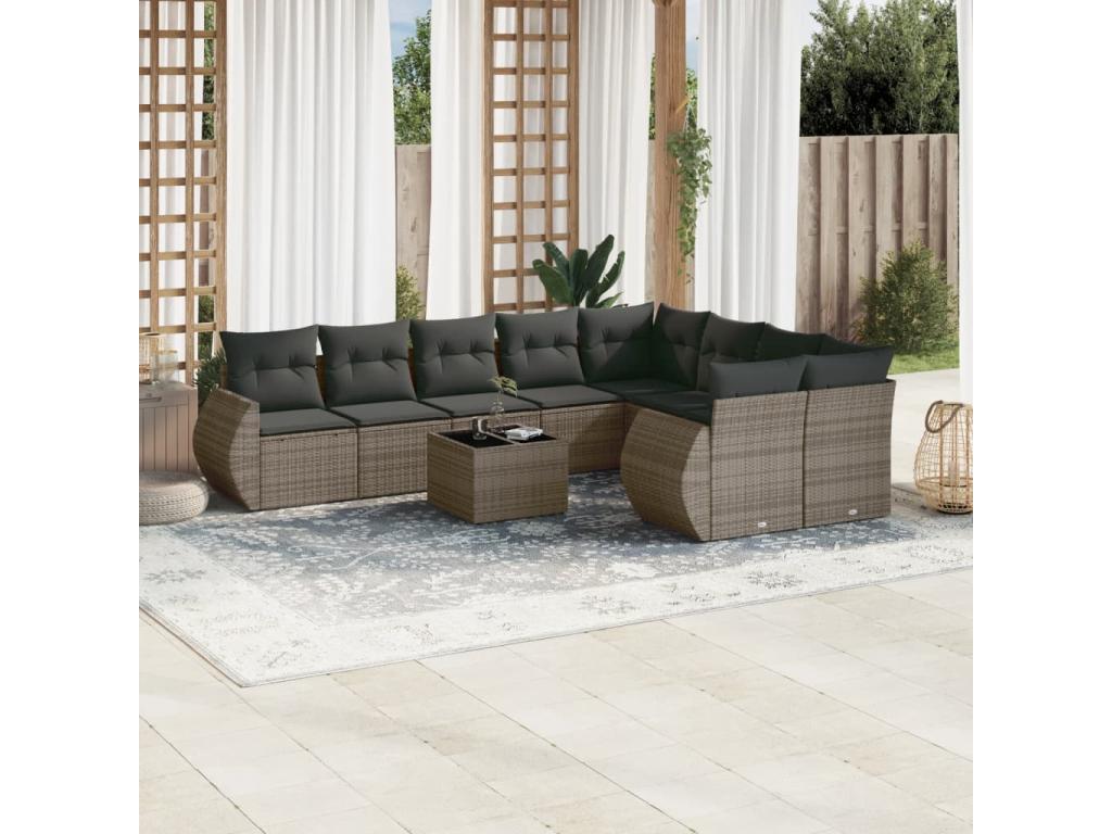 Salon de jardin avec coussins 10 pcs gris résine tressée RHZW38400