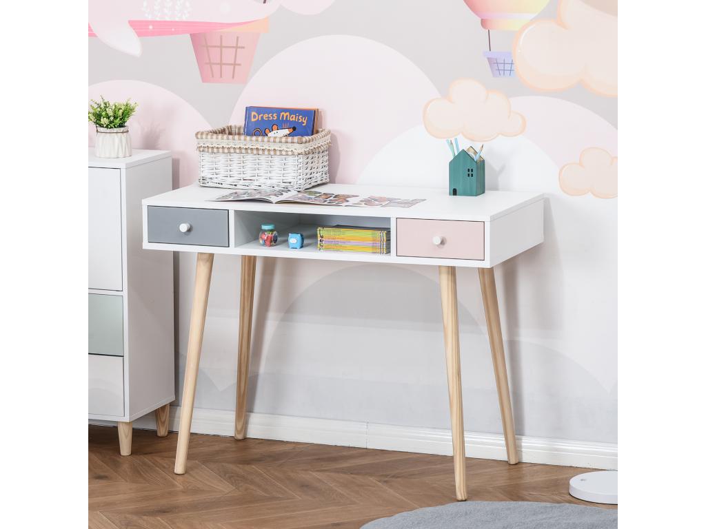 Bureau enfant style scandinave avec tiroir et compartiment de rangement 100L x 48l x 76.5H cm MDF et pin blanc gris et rose NLQT55753