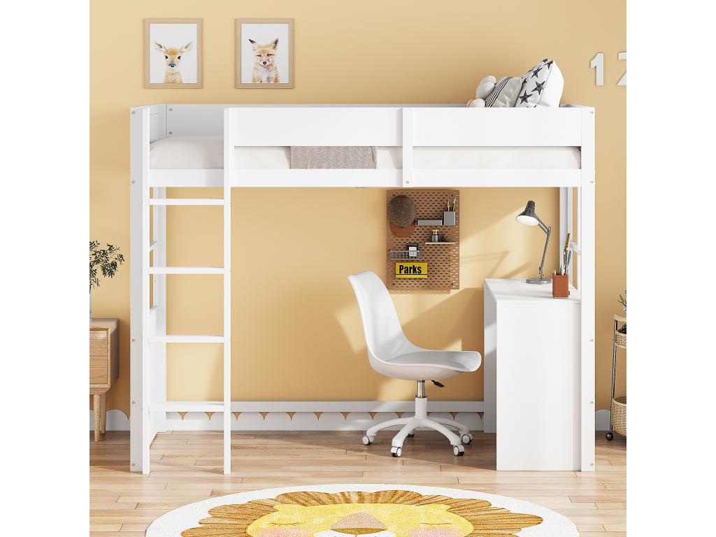 Lit mezzanine 90x200 cm avec avec bureau / échelle - bois MDF - blanc sans matelas HWYQ18224