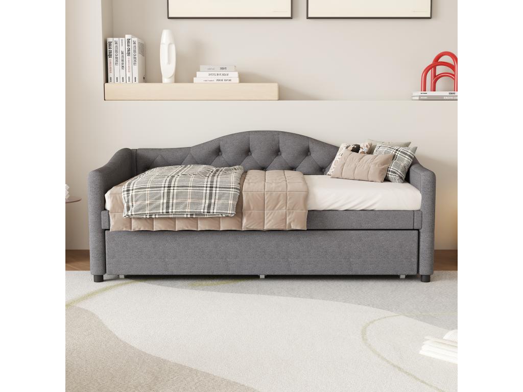 Lit banquette 90x200cm lit gigogne 90x190cm - capitonné en tissu lin - Gris matelas non inclus YPVG51513