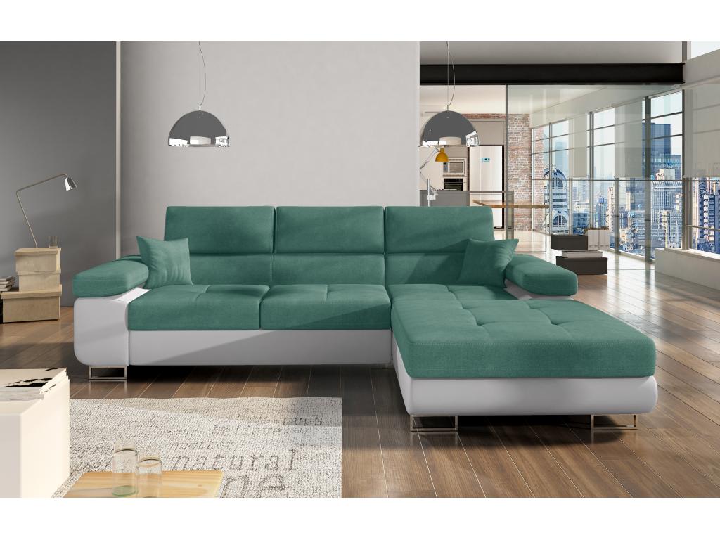 Canapé convertible d'angle droit tissu vert et simili cuir blanc avec rangement Chezlova 280cm GHFH30354