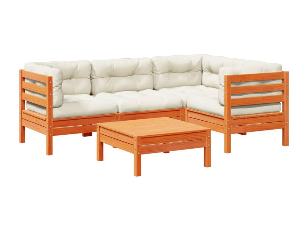 Salon de jardin 5 pcs avec coussins cire marron bois pin massif ISBM08922