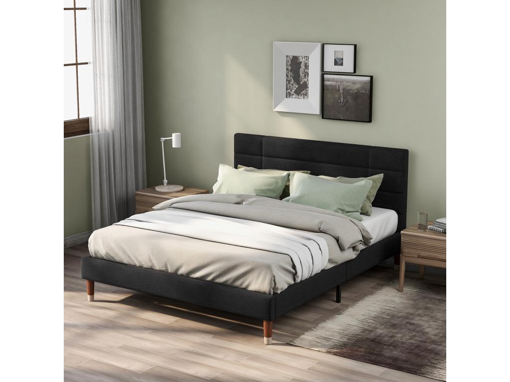 Lit avec tête de lit - 140x200 cm - tissu lin - matelas noir UODO95171