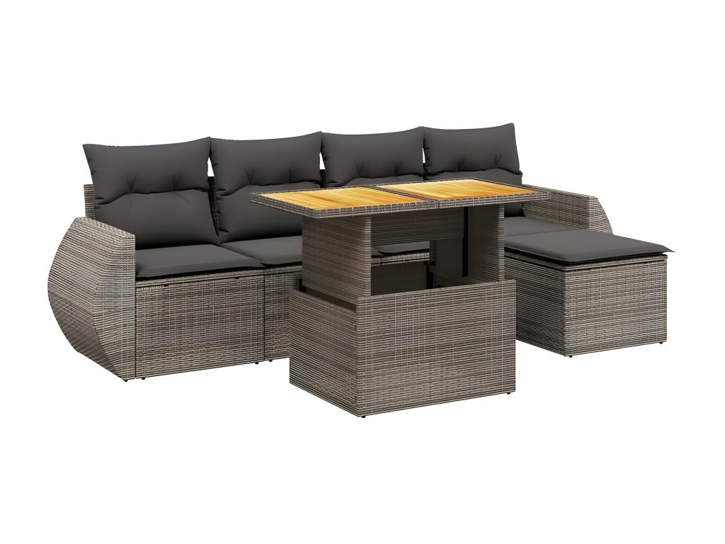 Salon de jardin 6 pcs avec coussins gris résine tressée TNLV35976