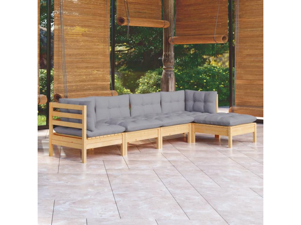 Salon de jardin 5 pcs avec coussins gris bois de pin FQLU92500