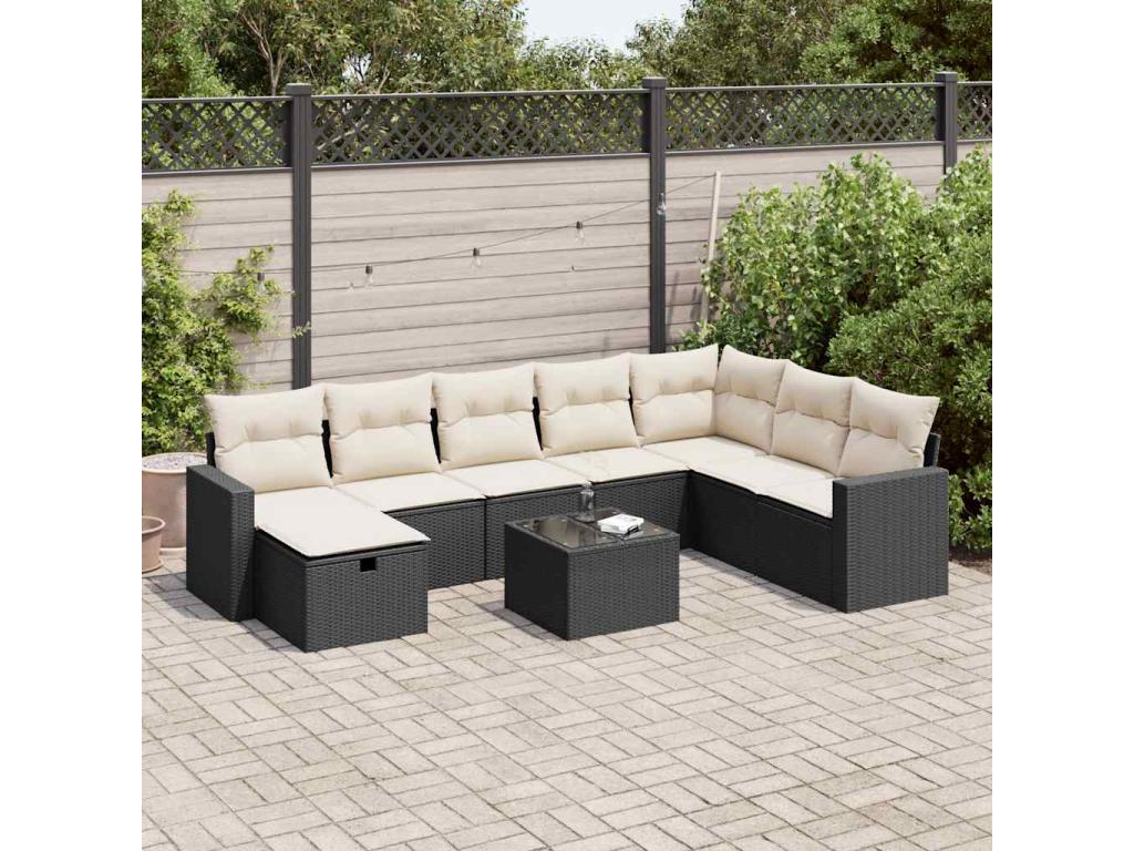 Salon de jardin 9 pièces avec coussins noir résine tressée SMUR96370