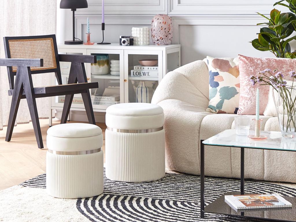 Lot de 2 poufs avec rangement CAMDENTON Set de 2 Velours 36/31 cm 36/31 cm Blanc cassé DSZD86447