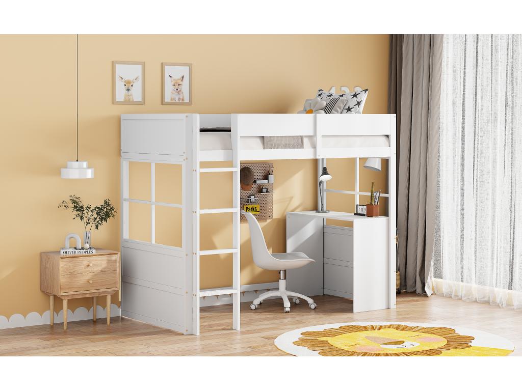 Lit mezzanine 90x200 cm avec avec bureau / échelle - bois MDF - blanc sans matelas HWYQ18224
