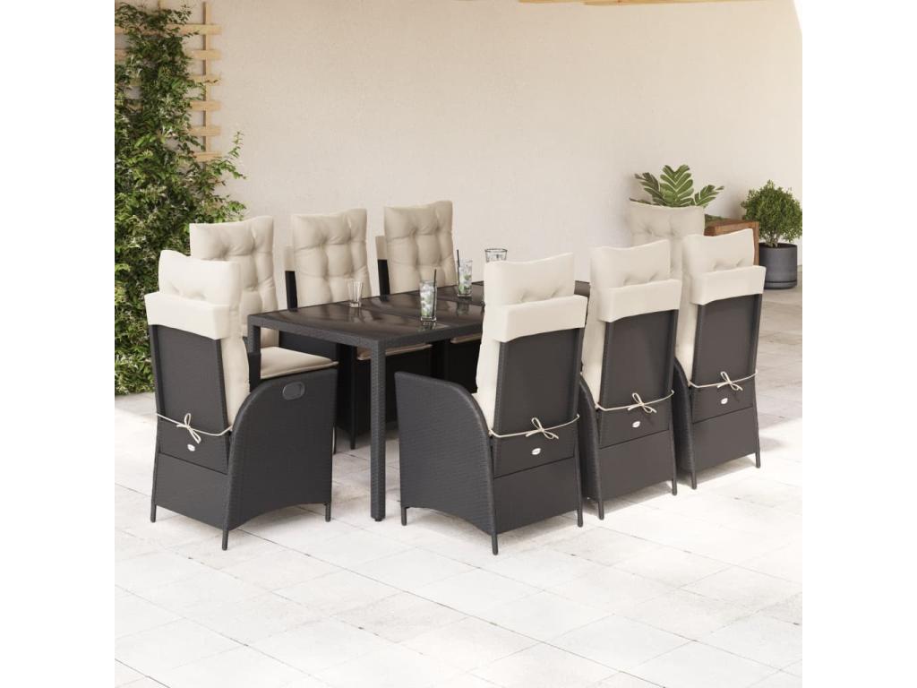 Ensemble à manger de jardin 9 pièces coussins noir résine tressée SDNU88451