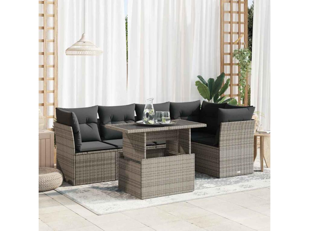 Salon de jardin 6 pcs avec coussins gris résine tressée ILEB17379