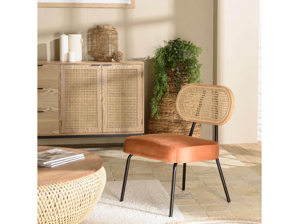 Artigeo - Fauteuil métal noir assise velours Artigeo ambré dossier rotin TLCK05736