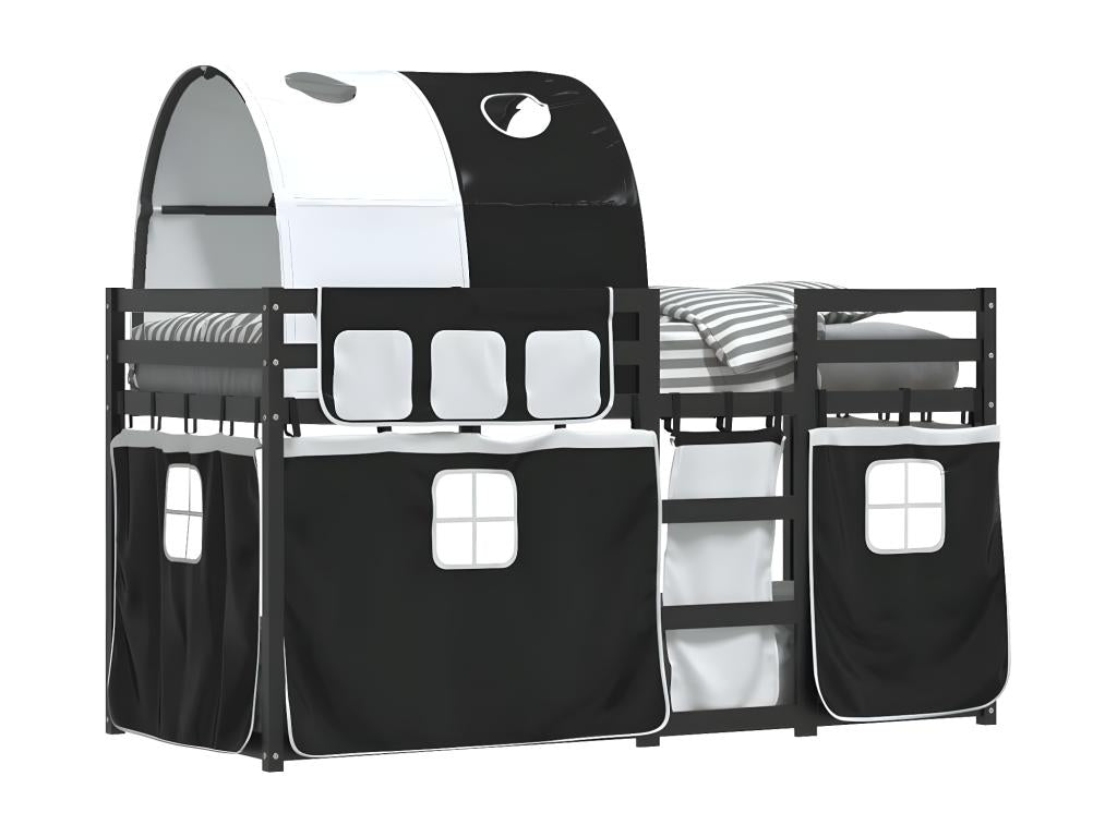 Lit superposé avec rideaux blanc/noir 90x190 cm bois pin massif YIJM13751